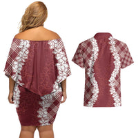 Hawaii Aloha Plumeria Lei Scarlet Palaka Couples Matching Off Shoulder Short Dress and Hawaiian Shirt LT7 - Polynesian Pride
