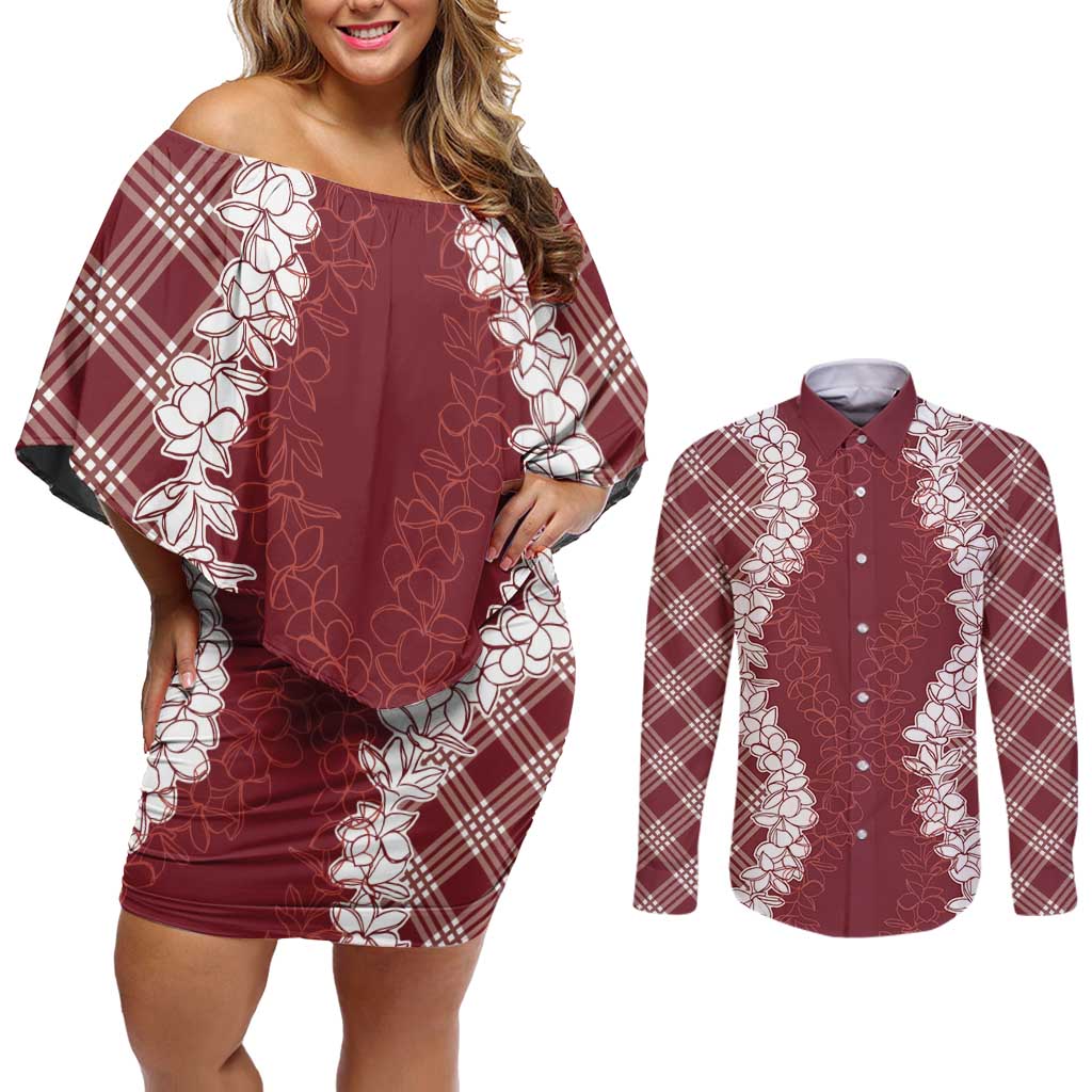 Hawaii Aloha Plumeria Lei Scarlet Palaka Couples Matching Off Shoulder Short Dress and Long Sleeve Button Shirt LT7 Scarlet - Polynesian Pride
