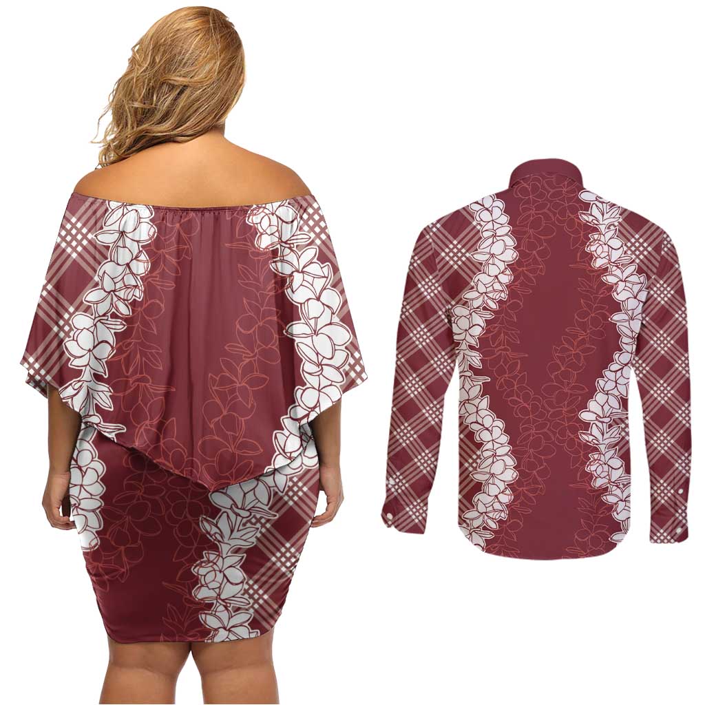 Hawaii Aloha Plumeria Lei Scarlet Palaka Couples Matching Off Shoulder Short Dress and Long Sleeve Button Shirt LT7 - Polynesian Pride