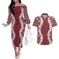 Hawaii Aloha Plumeria Lei Scarlet Palaka Couples Matching Off The Shoulder Long Sleeve Dress and Hawaiian Shirt LT7 Scarlet - Polynesian Pride