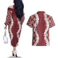 Hawaii Aloha Plumeria Lei Scarlet Palaka Couples Matching Off The Shoulder Long Sleeve Dress and Hawaiian Shirt LT7 - Polynesian Pride