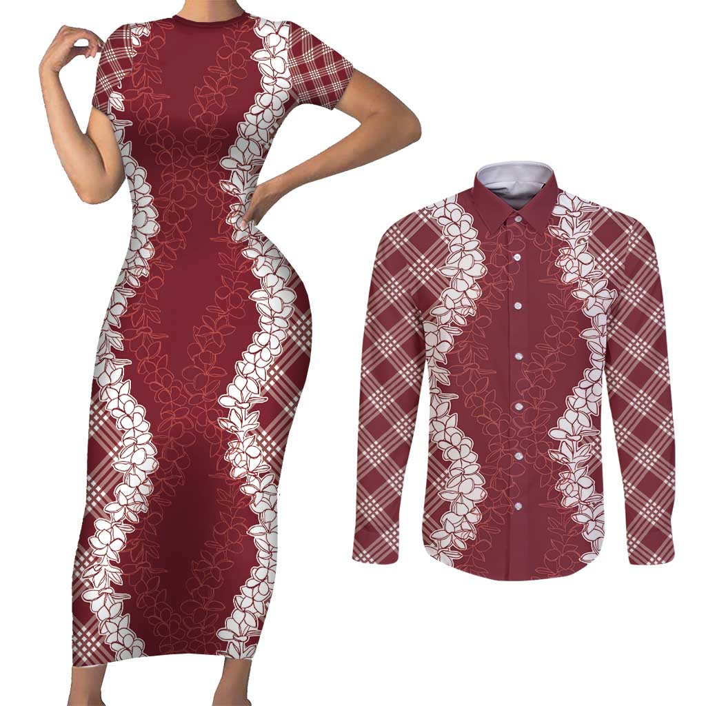 Hawaii Aloha Plumeria Lei Scarlet Palaka Couples Matching Short Sleeve Bodycon Dress and Long Sleeve Button Shirt - Polynesian Pride