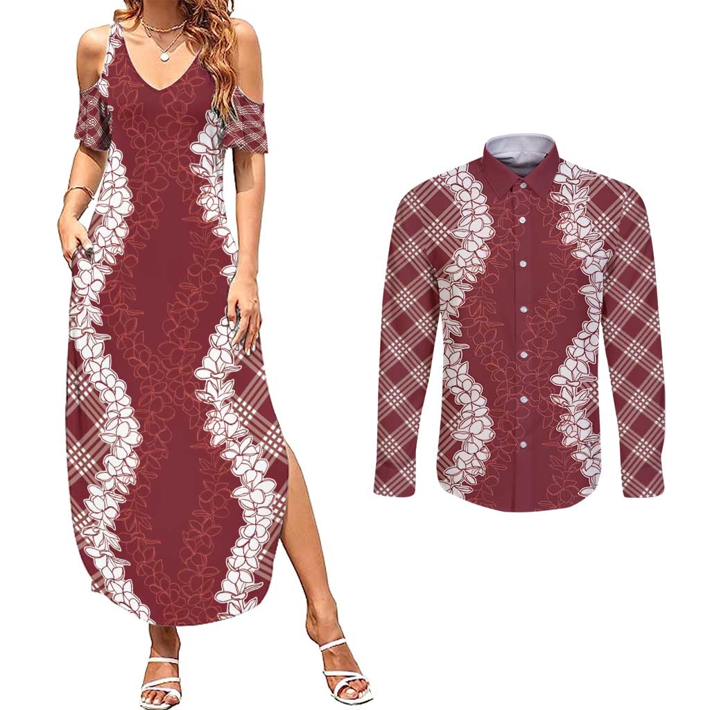 Hawaii Aloha Plumeria Lei Scarlet Palaka Couples Matching Summer Maxi Dress and Long Sleeve Button Shirt LT7 Scarlet - Polynesian Pride