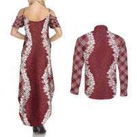 Hawaii Aloha Plumeria Lei Scarlet Palaka Couples Matching Summer Maxi Dress and Long Sleeve Button Shirt LT7 - Polynesian Pride