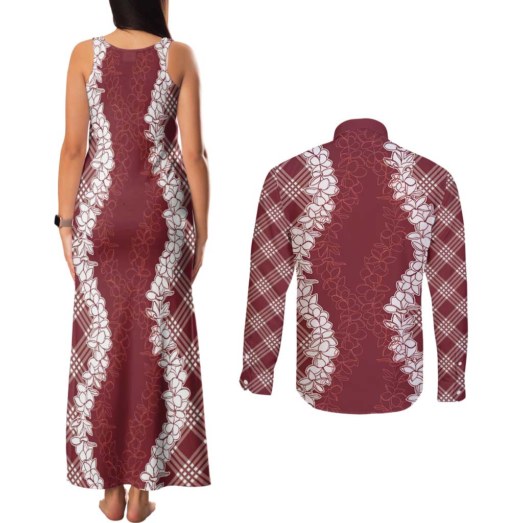 Hawaii Aloha Plumeria Lei Scarlet Palaka Couples Matching Tank Maxi Dress and Long Sleeve Button Shirt LT7 - Polynesian Pride