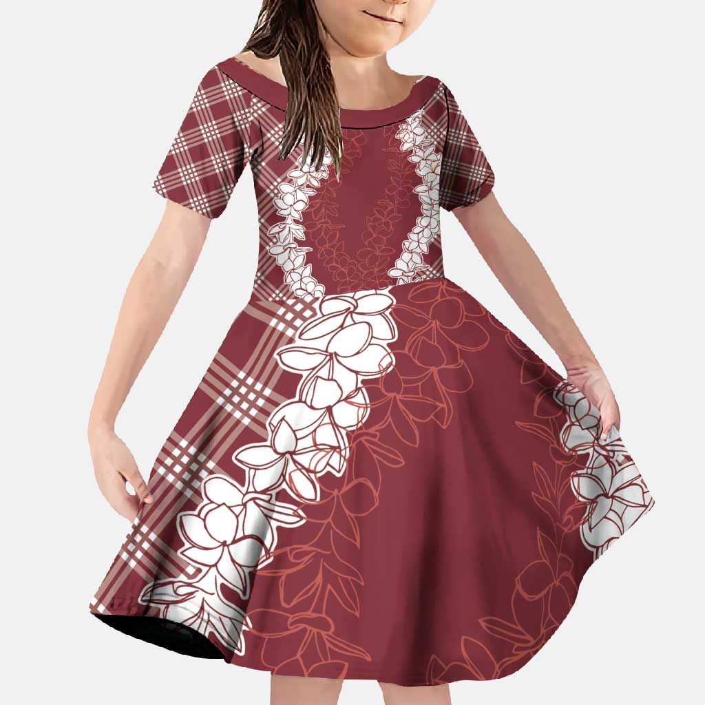 Hawaii Aloha Plumeria Lei Scarlet Palaka Family Matching Mermaid Dress and Hawaiian Shirt LT7 Daughter's Dress Scarlet - Polynesian Pride