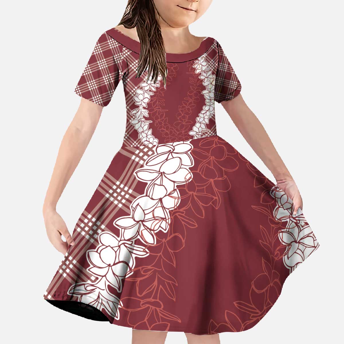 Hawaii Aloha Plumeria Lei Scarlet Palaka Family Matching Off The Shoulder Long Sleeve Dress and Hawaiian Shirt LT7 Daughter's Dress Scarlet - Polynesian Pride