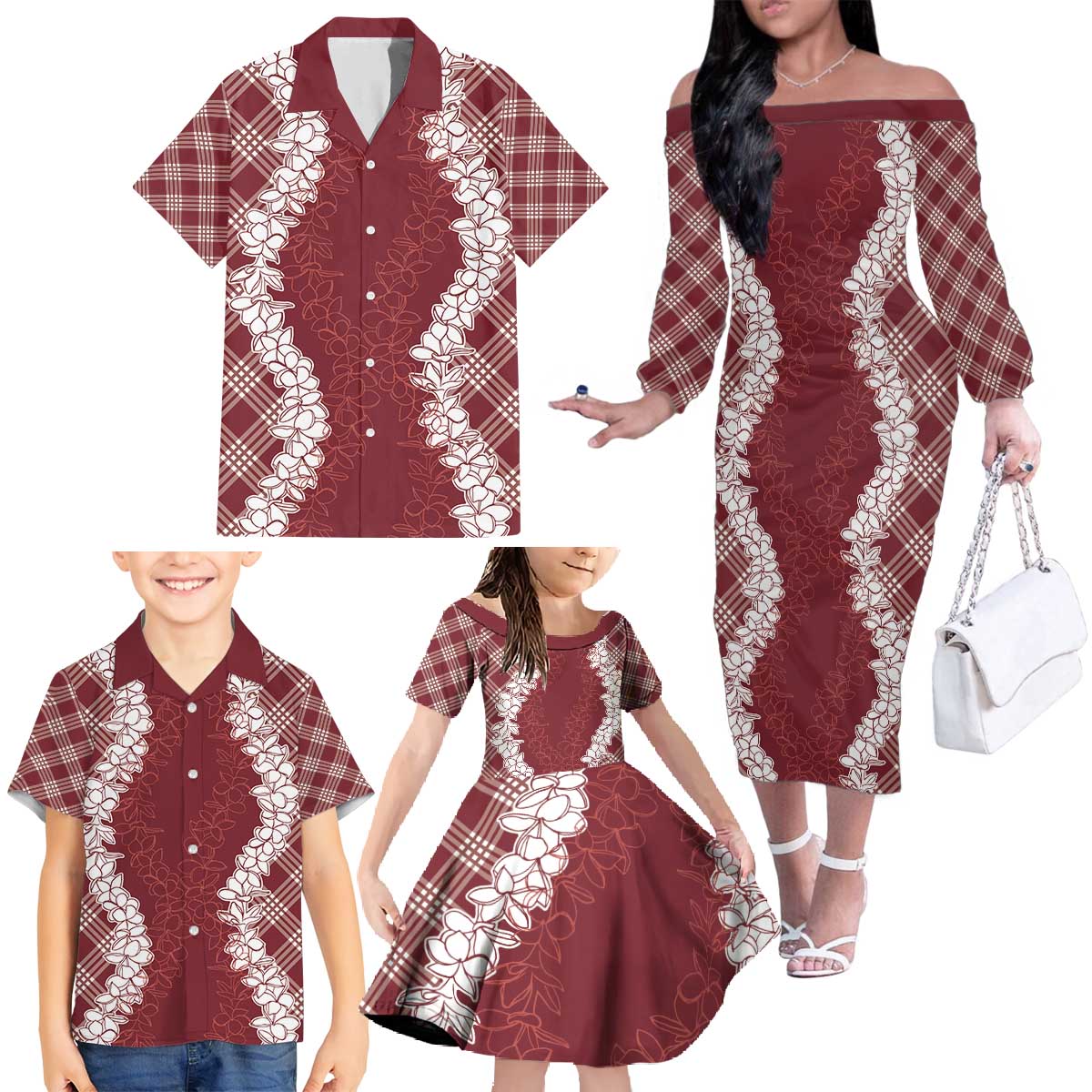 Hawaii Aloha Plumeria Lei Scarlet Palaka Family Matching Off The Shoulder Long Sleeve Dress and Hawaiian Shirt LT7 - Polynesian Pride