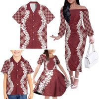 Hawaii Aloha Plumeria Lei Scarlet Palaka Family Matching Off The Shoulder Long Sleeve Dress and Hawaiian Shirt LT7 - Polynesian Pride