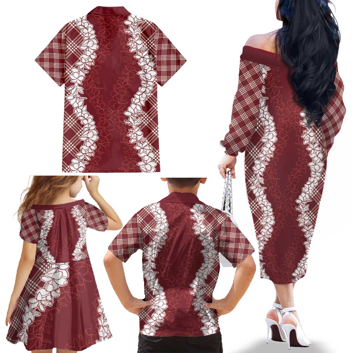 Hawaii Aloha Plumeria Lei Scarlet Palaka Family Matching Off The Shoulder Long Sleeve Dress and Hawaiian Shirt LT7 - Polynesian Pride