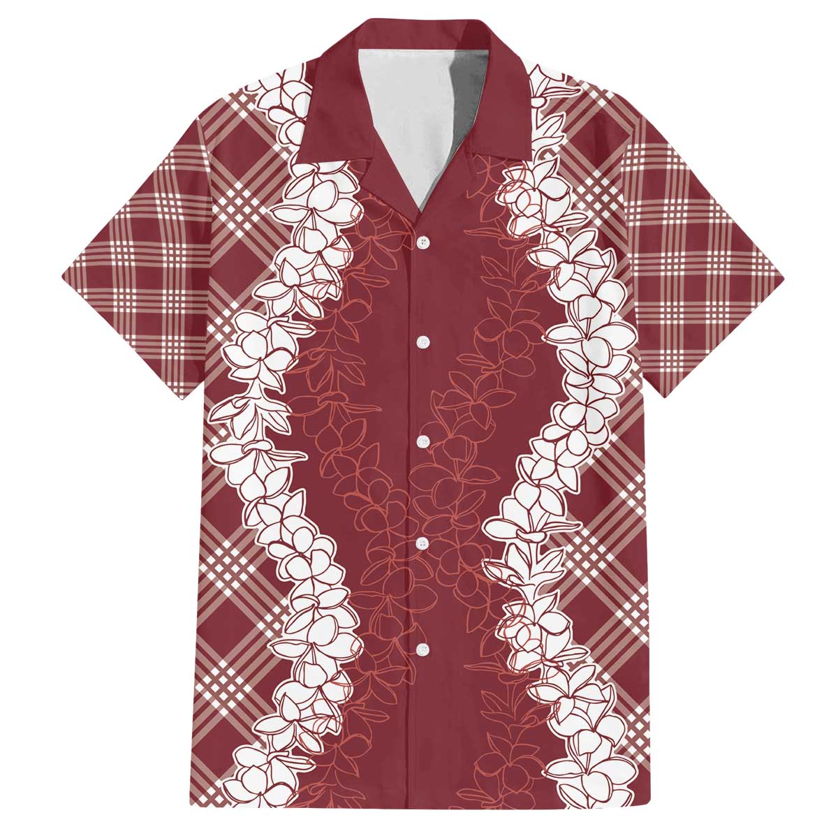Hawaii Aloha Plumeria Lei Scarlet Palaka Family Matching Off The Shoulder Long Sleeve Dress and Hawaiian Shirt LT7 Dad's Shirt - Short Sleeve Scarlet - Polynesian Pride
