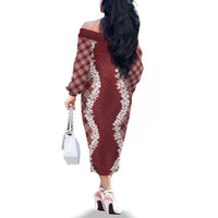 Hawaii Aloha Plumeria Lei Scarlet Palaka Family Matching Off The Shoulder Long Sleeve Dress and Hawaiian Shirt LT7 - Polynesian Pride