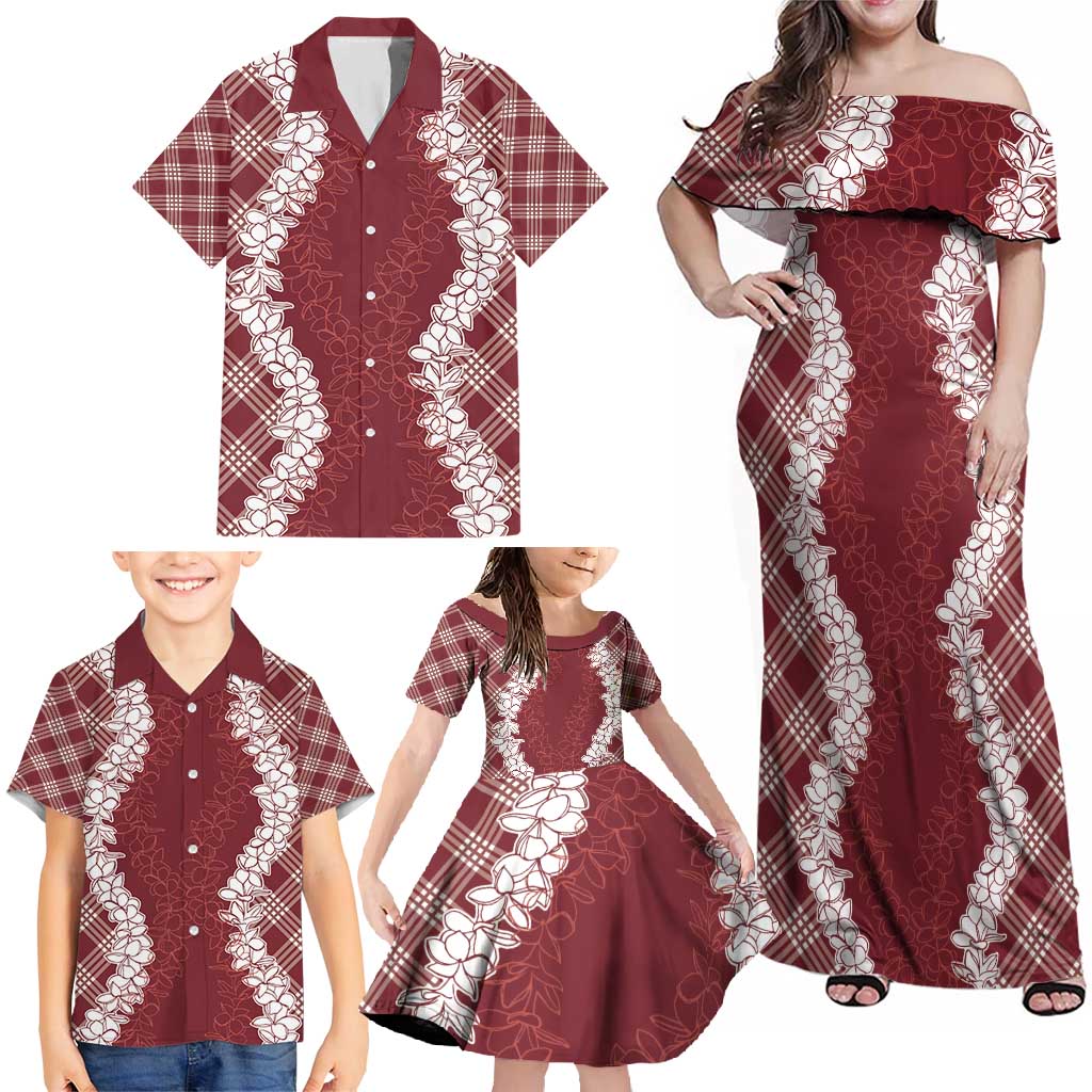 Hawaii Aloha Plumeria Lei Scarlet Palaka Family Matching Off Shoulder Maxi Dress and Hawaiian Shirt LT7 - Polynesian Pride