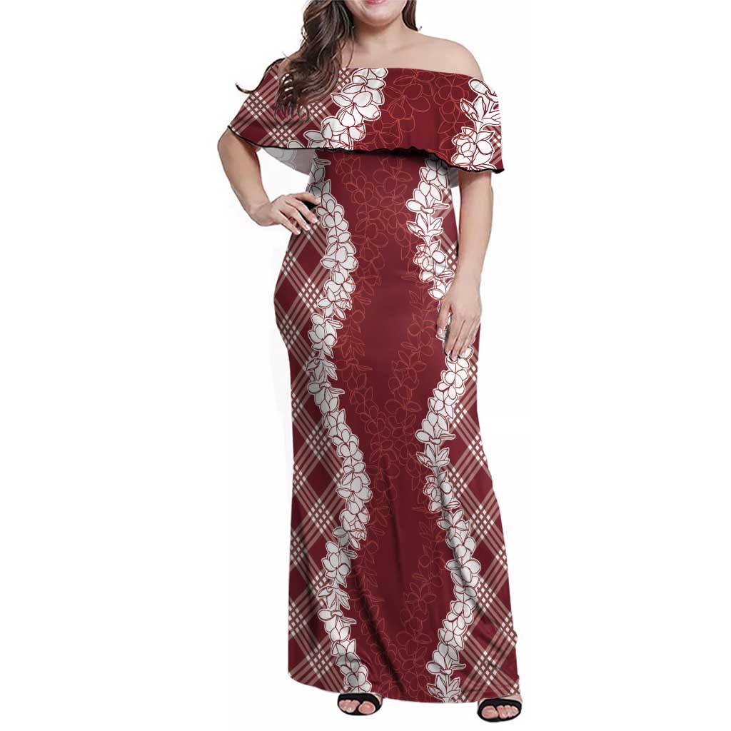 Hawaii Aloha Plumeria Lei Scarlet Palaka Family Matching Off Shoulder Maxi Dress and Hawaiian Shirt LT7 Mom's Dress Scarlet - Polynesian Pride