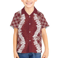 Hawaii Aloha Plumeria Lei Scarlet Palaka Family Matching Off Shoulder Maxi Dress and Hawaiian Shirt LT7 Son's Shirt Scarlet - Polynesian Pride