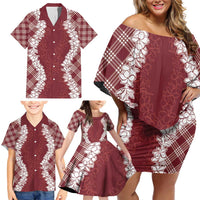 Hawaii Aloha Plumeria Lei Scarlet Palaka Family Matching Off Shoulder Short Dress and Hawaiian Shirt LT7 - Polynesian Pride