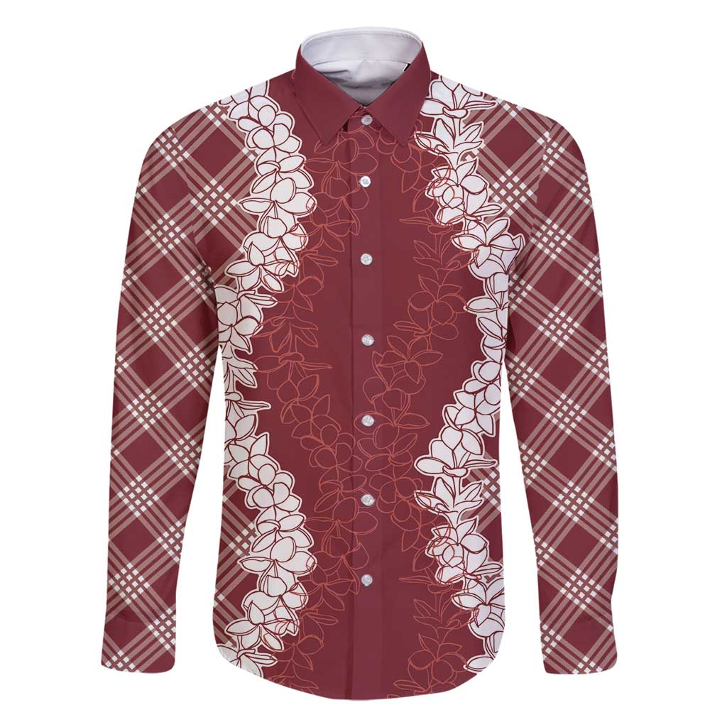 Hawaii Aloha Plumeria Lei Scarlet Palaka Family Matching Off Shoulder Short Dress and Hawaiian Shirt LT7 Dad's Shirt - Long Sleeve Scarlet - Polynesian Pride