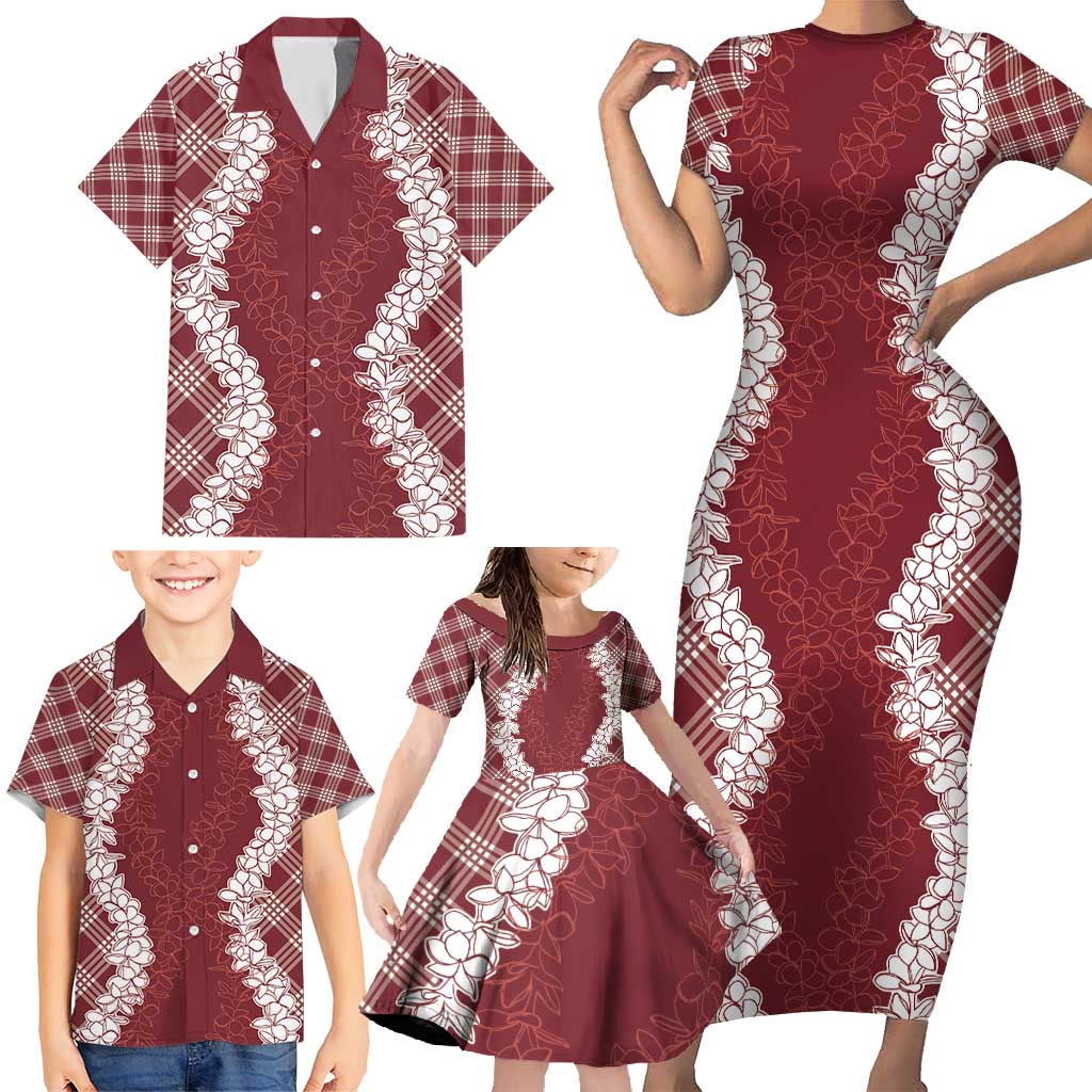 Hawaii Aloha Plumeria Lei Scarlet Palaka Family Matching Short Sleeve Bodycon Dress and Hawaiian Shirt LT7 - Polynesian Pride