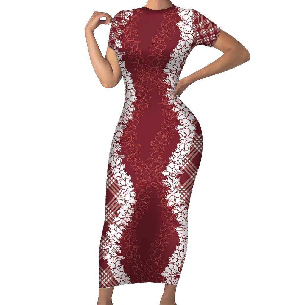 Hawaii Aloha Plumeria Lei Scarlet Palaka Family Matching Short Sleeve Bodycon Dress and Hawaiian Shirt LT7 Mom's Dress Scarlet - Polynesian Pride