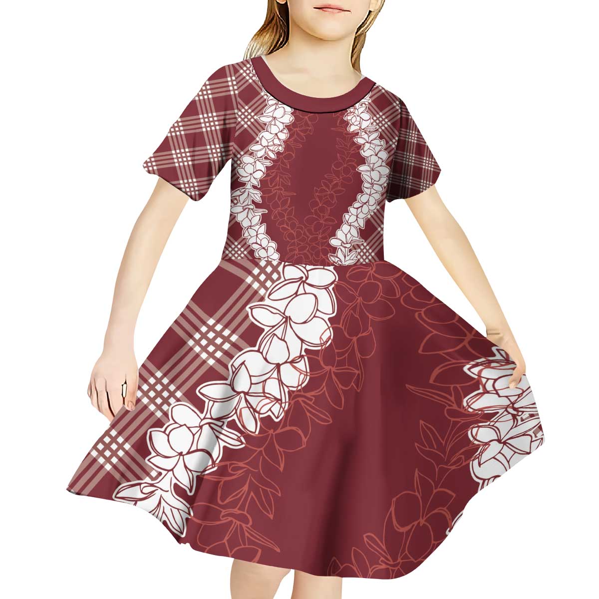 Hawaii Aloha Plumeria Lei Scarlet Palaka Kid Short Sleeve Dress - Polynesian Pride