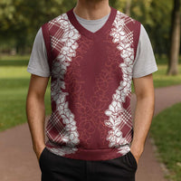 Hawaii Aloha Plumeria Lei Scarlet Palaka Christmas Knitted V-Neck Vest - Polynesian Pride