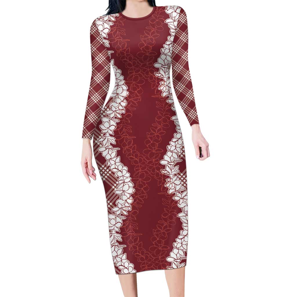 Hawaii Aloha Plumeria Lei Scarlet Palaka Long Sleeve Bodycon Dress - Polynesian Pride