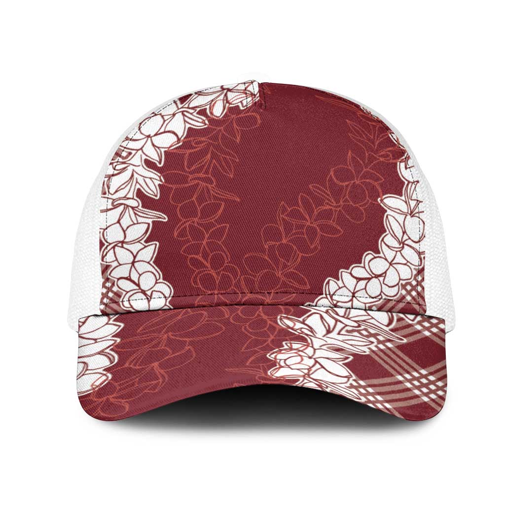 Hawaii Aloha Plumeria Lei Scarlet Palaka Mesh Trucker Cap - Polynesian Pride