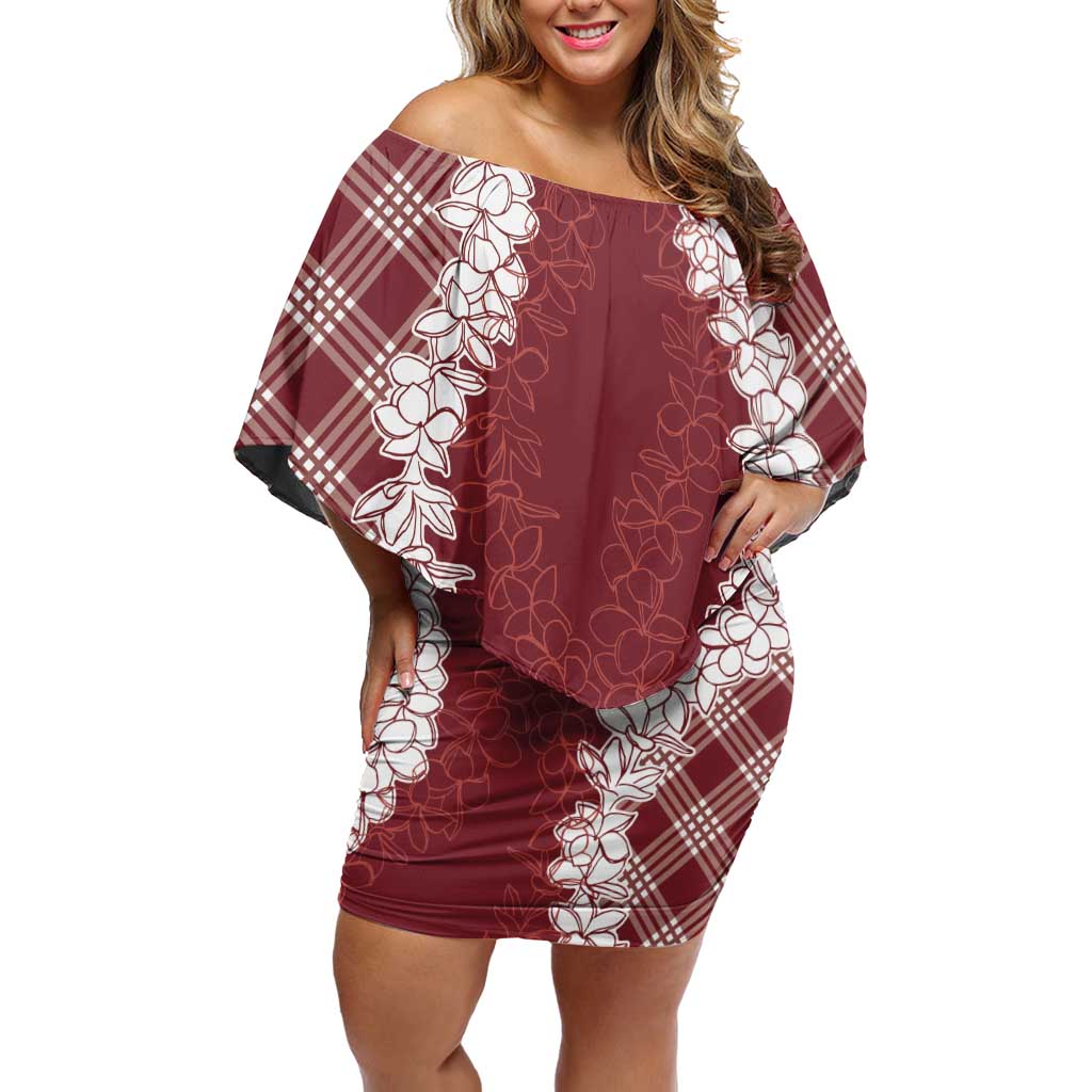 Hawaii Aloha Plumeria Lei Scarlet Palaka Off Shoulder Short Dress - Polynesian Pride