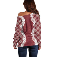 Hawaii Aloha Plumeria Lei Scarlet Palaka Off Shoulder Sweater - Polynesian Pride
