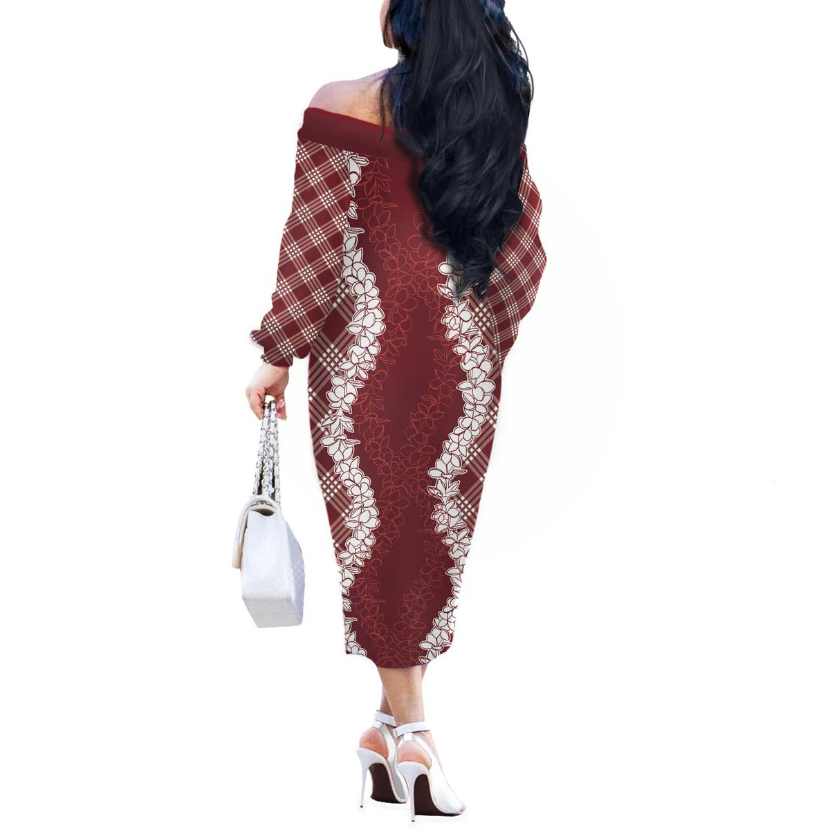 Hawaii Aloha Plumeria Lei Scarlet Palaka Off The Shoulder Long Sleeve Dress LT7 - Polynesian Pride