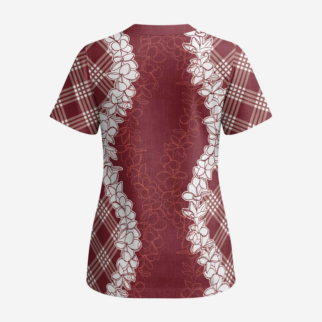 Hawaii Aloha Plumeria Lei Scarlet Palaka Scrub Top LT7 - Polynesian Pride
