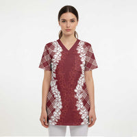 Hawaii Aloha Plumeria Lei Scarlet Palaka Scrub Top LT7 - Polynesian Pride