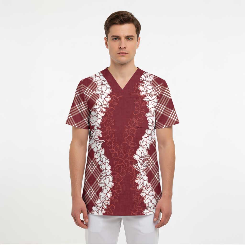 Hawaii Aloha Plumeria Lei Scarlet Palaka Scrub Top LT7 - Polynesian Pride