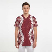 Hawaii Aloha Plumeria Lei Scarlet Palaka Scrub Top LT7 - Polynesian Pride