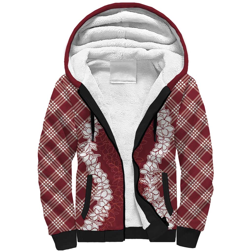Hawaii Aloha Plumeria Lei Scarlet Palaka Sherpa Hoodie - Polynesian Pride