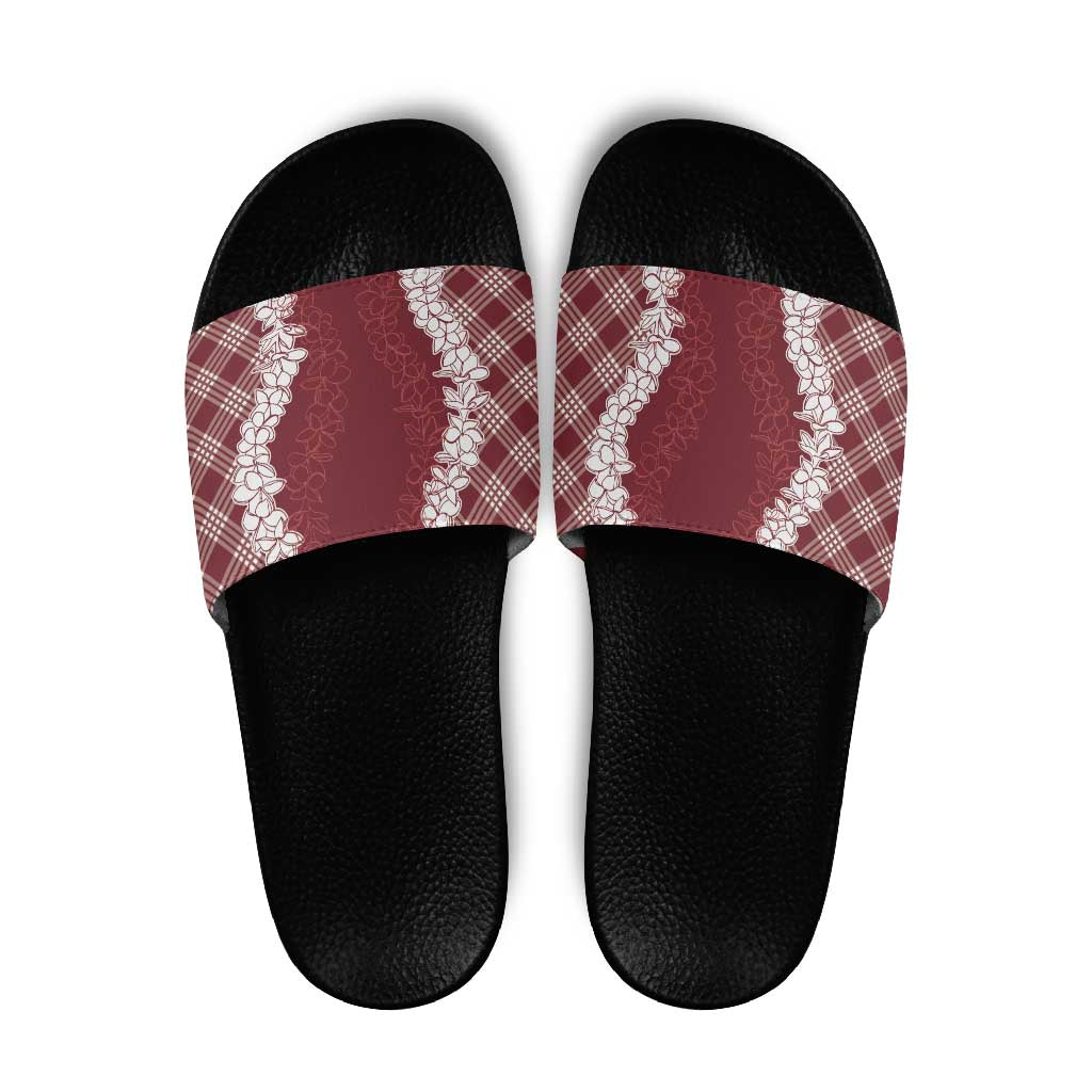 Hawaii Aloha Plumeria Lei Scarlet Palaka Slide Sandals - Polynesian Pride