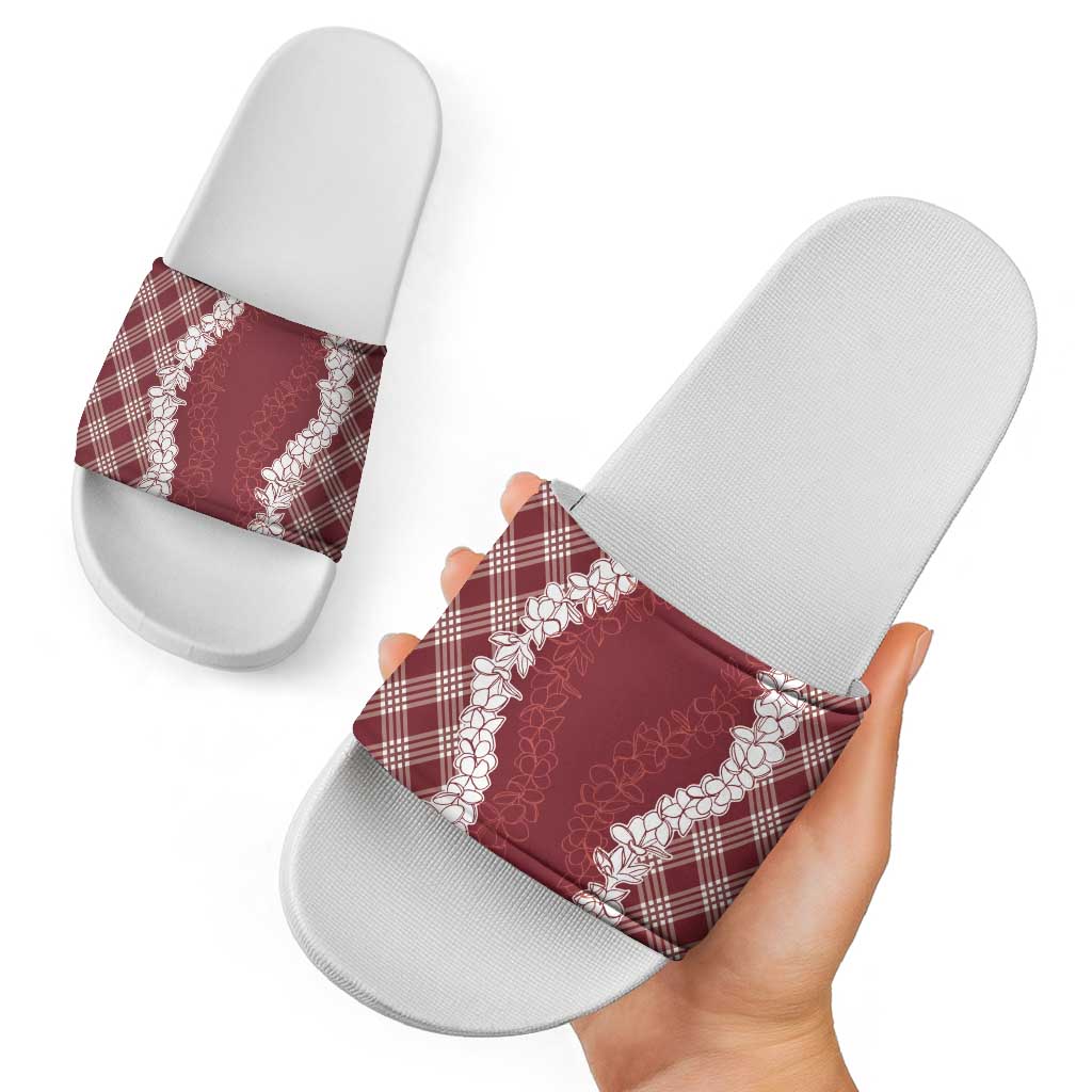 Hawaii Aloha Plumeria Lei Scarlet Palaka Slide Sandals - Polynesian Pride