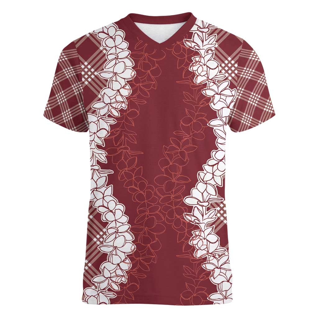 Hawaii Aloha Plumeria Lei Scarlet Palaka Women V-Neck T-Shirt LT7 Female Scarlet - Polynesian Pride