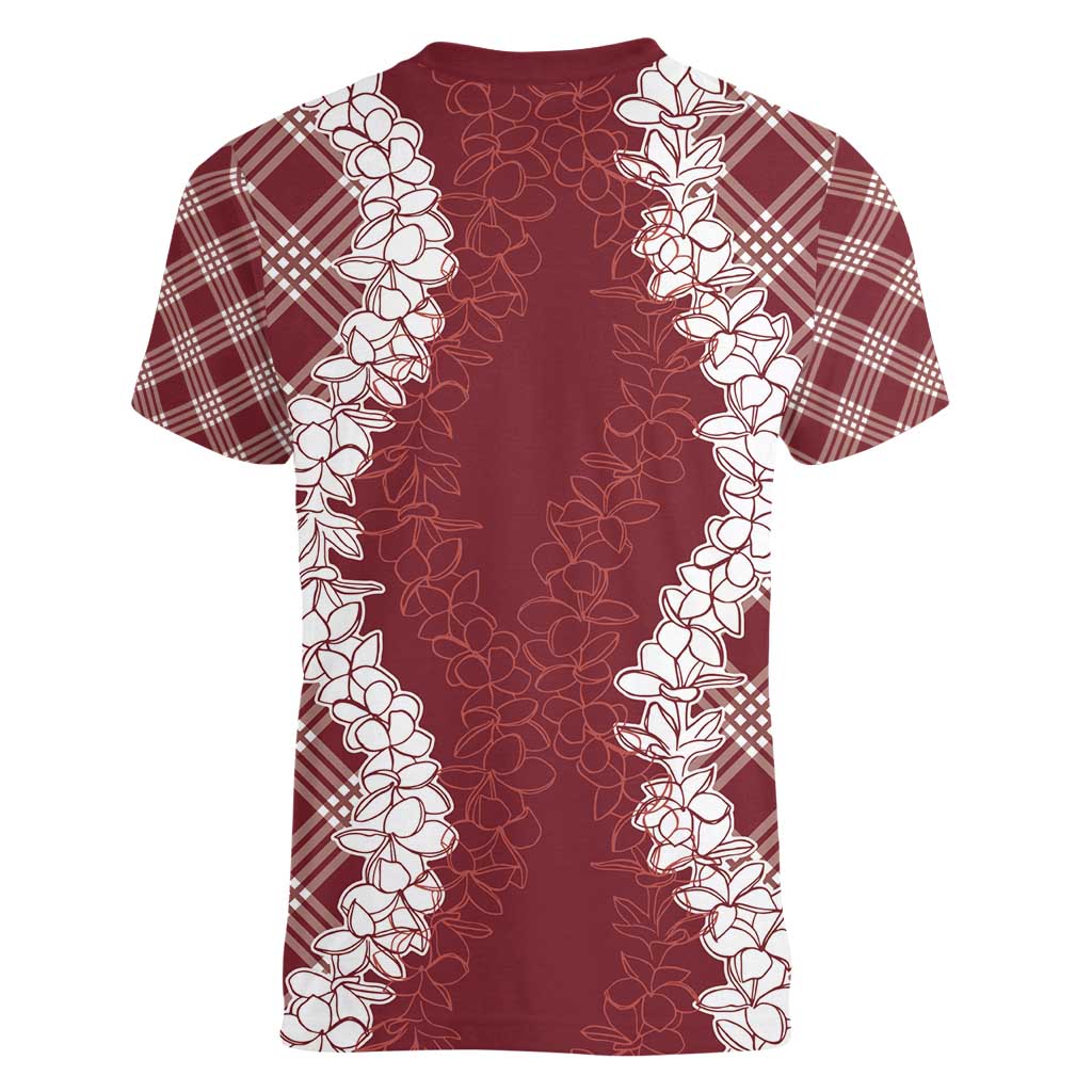 Hawaii Aloha Plumeria Lei Scarlet Palaka Women V-Neck T-Shirt LT7 - Polynesian Pride