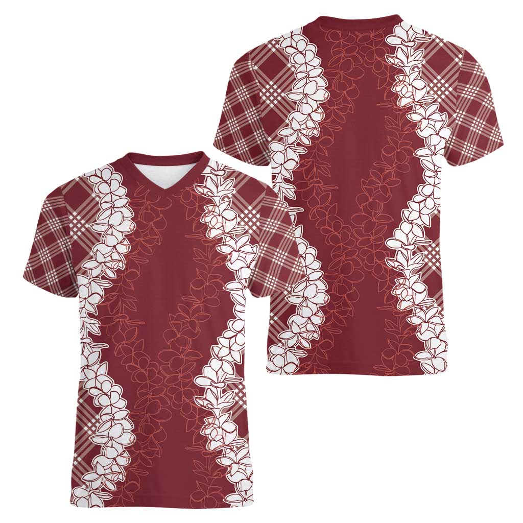 Hawaii Aloha Plumeria Lei Scarlet Palaka Women V-Neck T-Shirt LT7 - Polynesian Pride