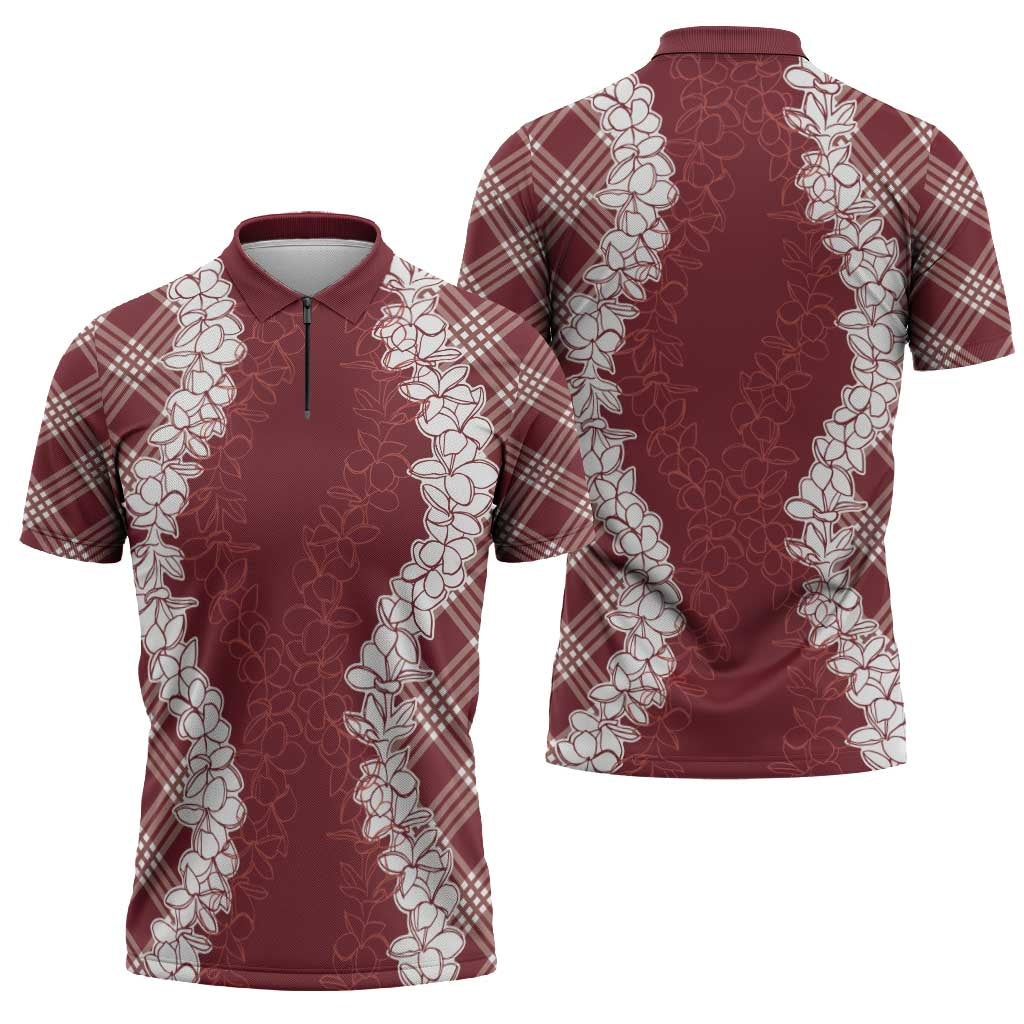 Hawaii Aloha Plumeria Lei Scarlet Palaka Zipper Polo Shirt - Polynesian Pride