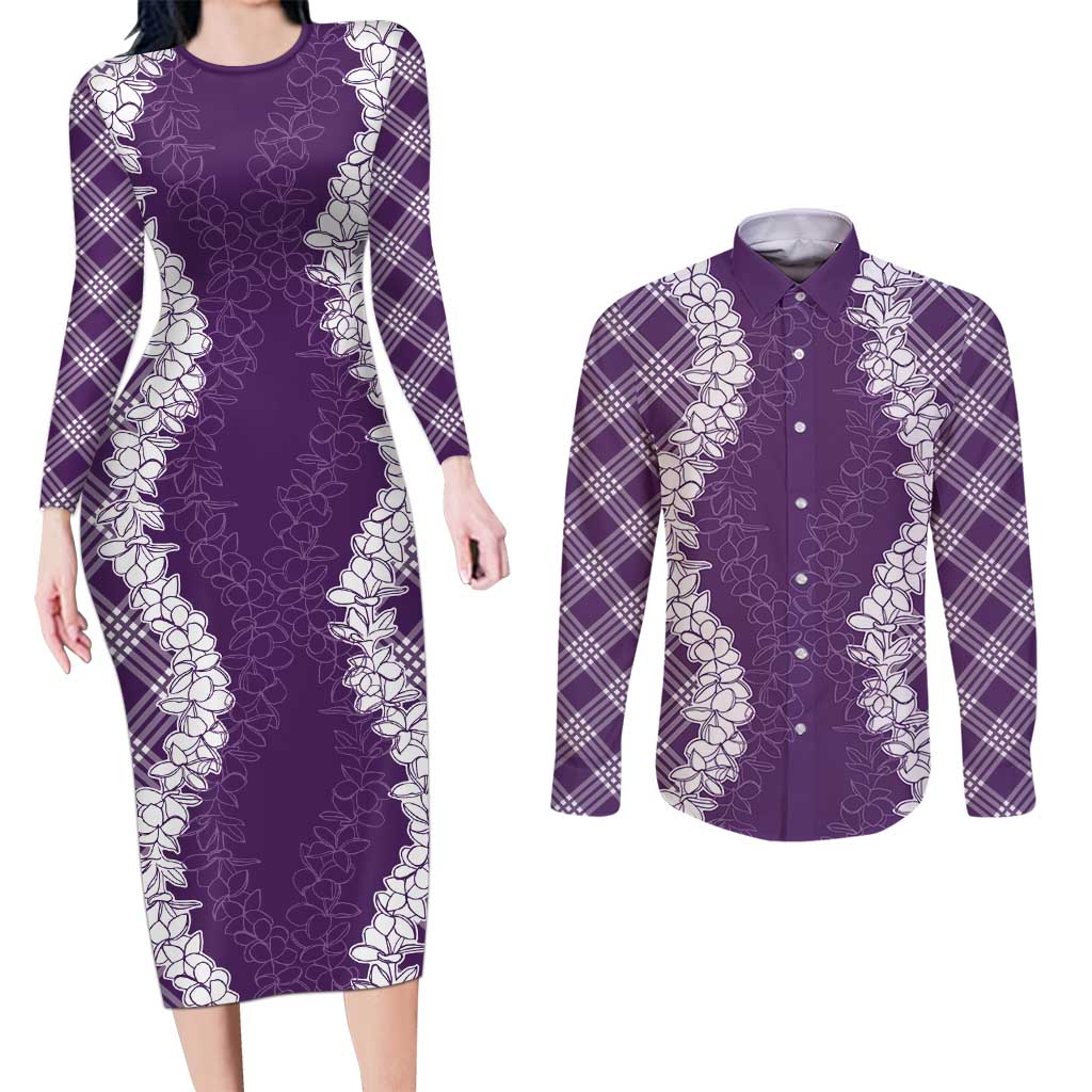 Hawaii Aloha Plumeria Lei Violet Palaka Couples Matching Long Sleeve Bodycon Dress and Long Sleeve Button Shirt LT7 Violet - Polynesian Pride