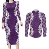 Hawaii Aloha Plumeria Lei Violet Palaka Couples Matching Long Sleeve Bodycon Dress and Long Sleeve Button Shirt LT7 Violet - Polynesian Pride