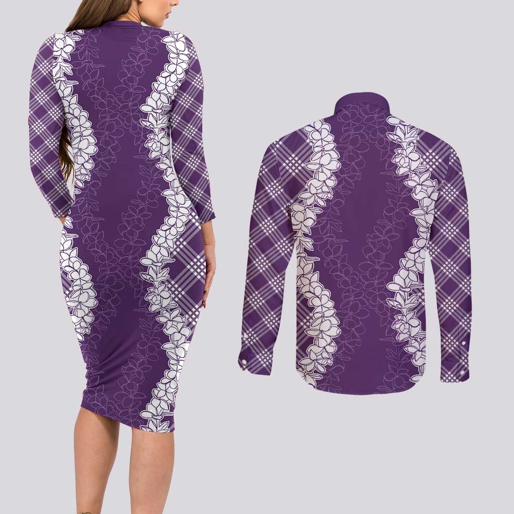 Hawaii Aloha Plumeria Lei Violet Palaka Couples Matching Long Sleeve Bodycon Dress and Long Sleeve Button Shirt LT7 - Polynesian Pride