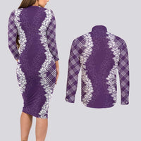 Hawaii Aloha Plumeria Lei Violet Palaka Couples Matching Long Sleeve Bodycon Dress and Long Sleeve Button Shirt LT7 - Polynesian Pride