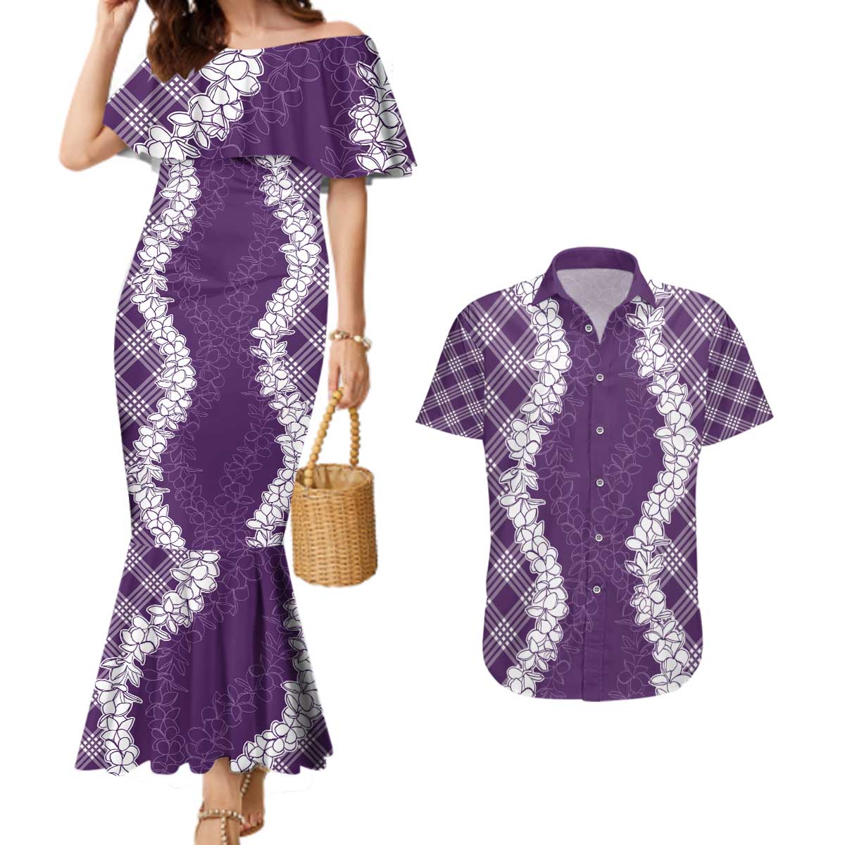 Hawaii Aloha Plumeria Lei Violet Palaka Couples Matching Mermaid Dress and Hawaiian Shirt LT7 Violet - Polynesian Pride