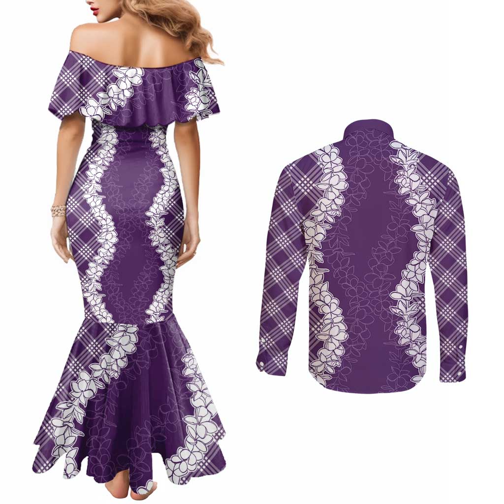 Hawaii Aloha Plumeria Lei Violet Palaka Couples Matching Mermaid Dress and Long Sleeve Button Shirt LT7 - Polynesian Pride
