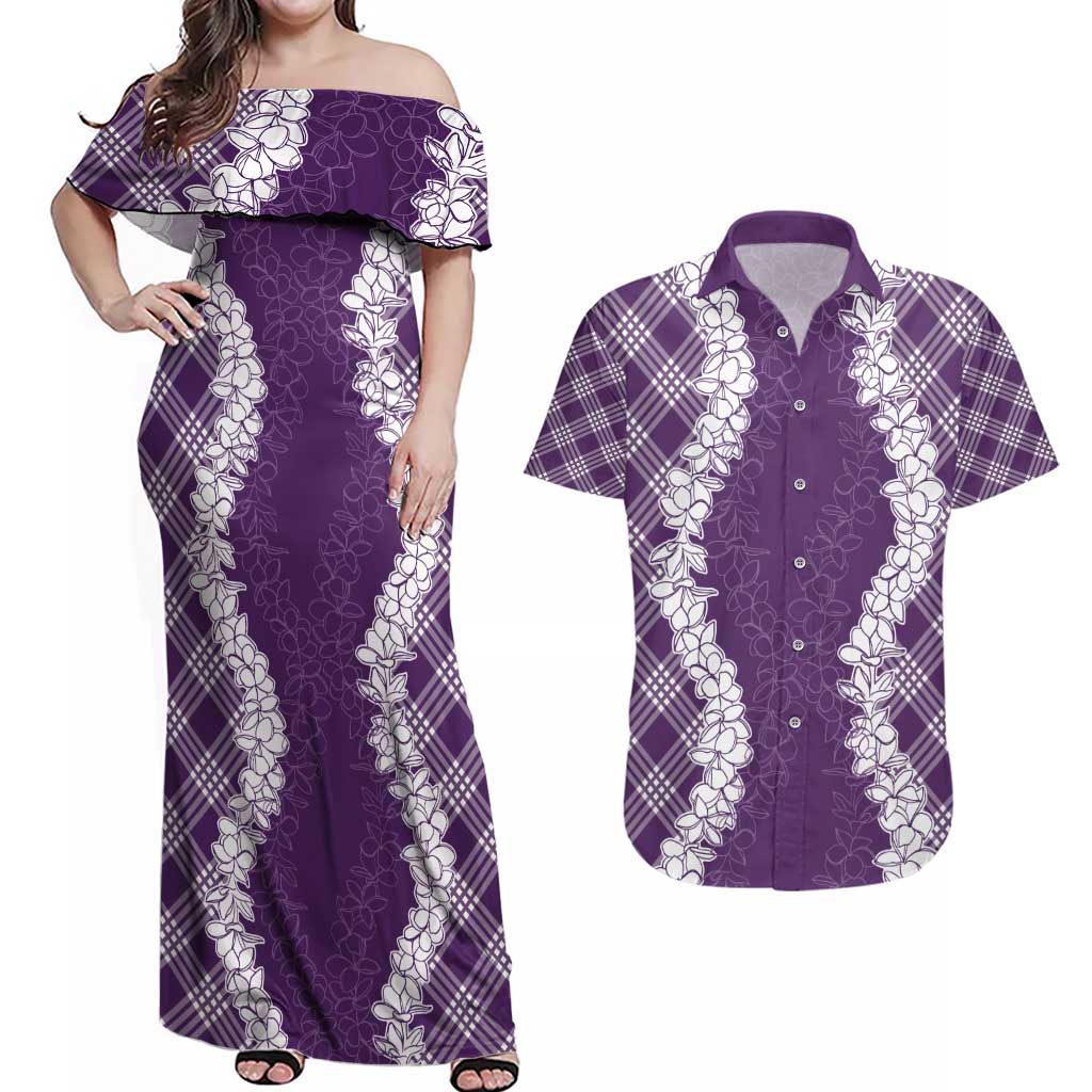 Hawaii Aloha Plumeria Lei Violet Palaka Couples Matching Off Shoulder Maxi Dress and Hawaiian Shirt LT7 Violet - Polynesian Pride