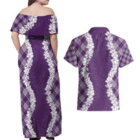 Hawaii Aloha Plumeria Lei Violet Palaka Couples Matching Off Shoulder Maxi Dress and Hawaiian Shirt LT7 - Polynesian Pride