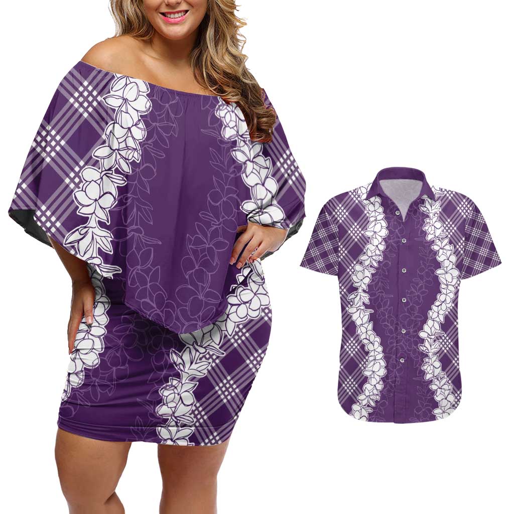 Hawaii Aloha Plumeria Lei Violet Palaka Couples Matching Off Shoulder Short Dress and Hawaiian Shirt LT7 Violet - Polynesian Pride